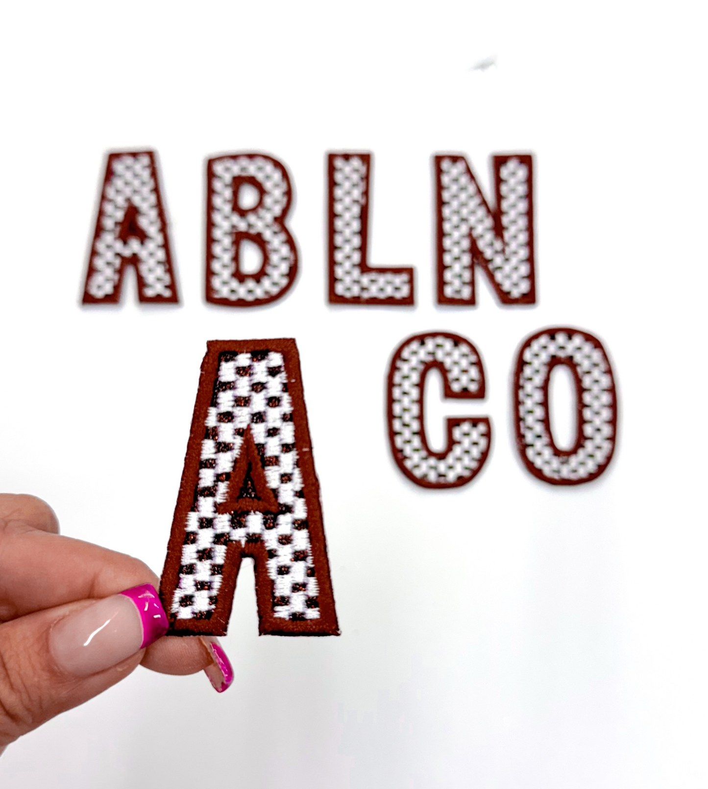 2” Maroon Checkered Letters Glitter Embroidery Patch
