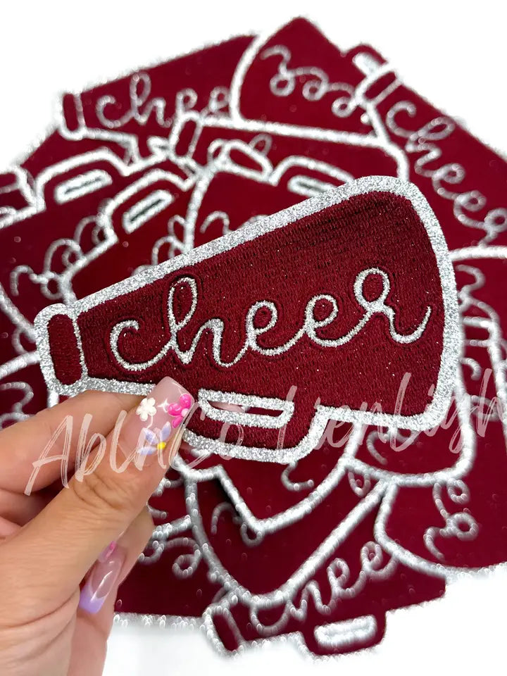 Maroon Cheer Megaphone Silver Embroidery Patch