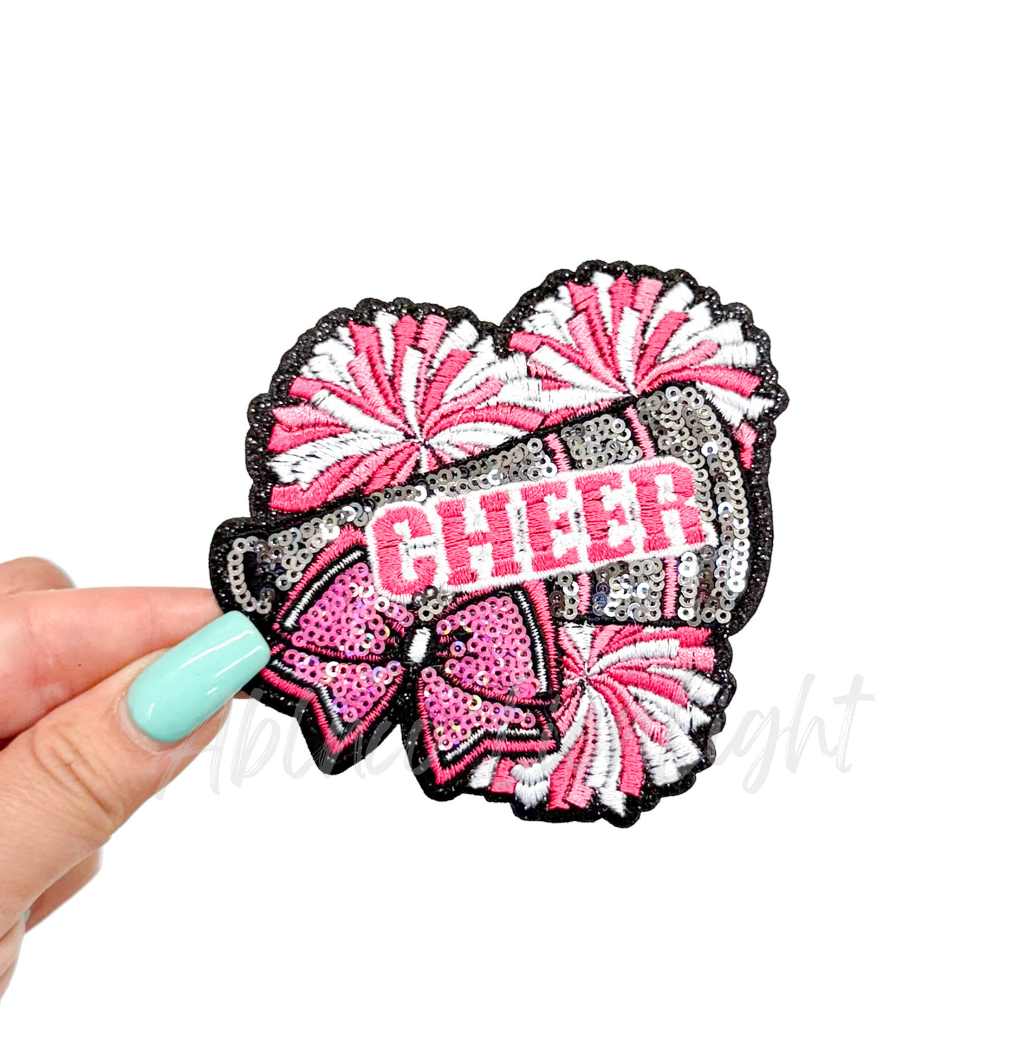 Pink Cheer Bow Megaphone Poms Sequin Patch - Small