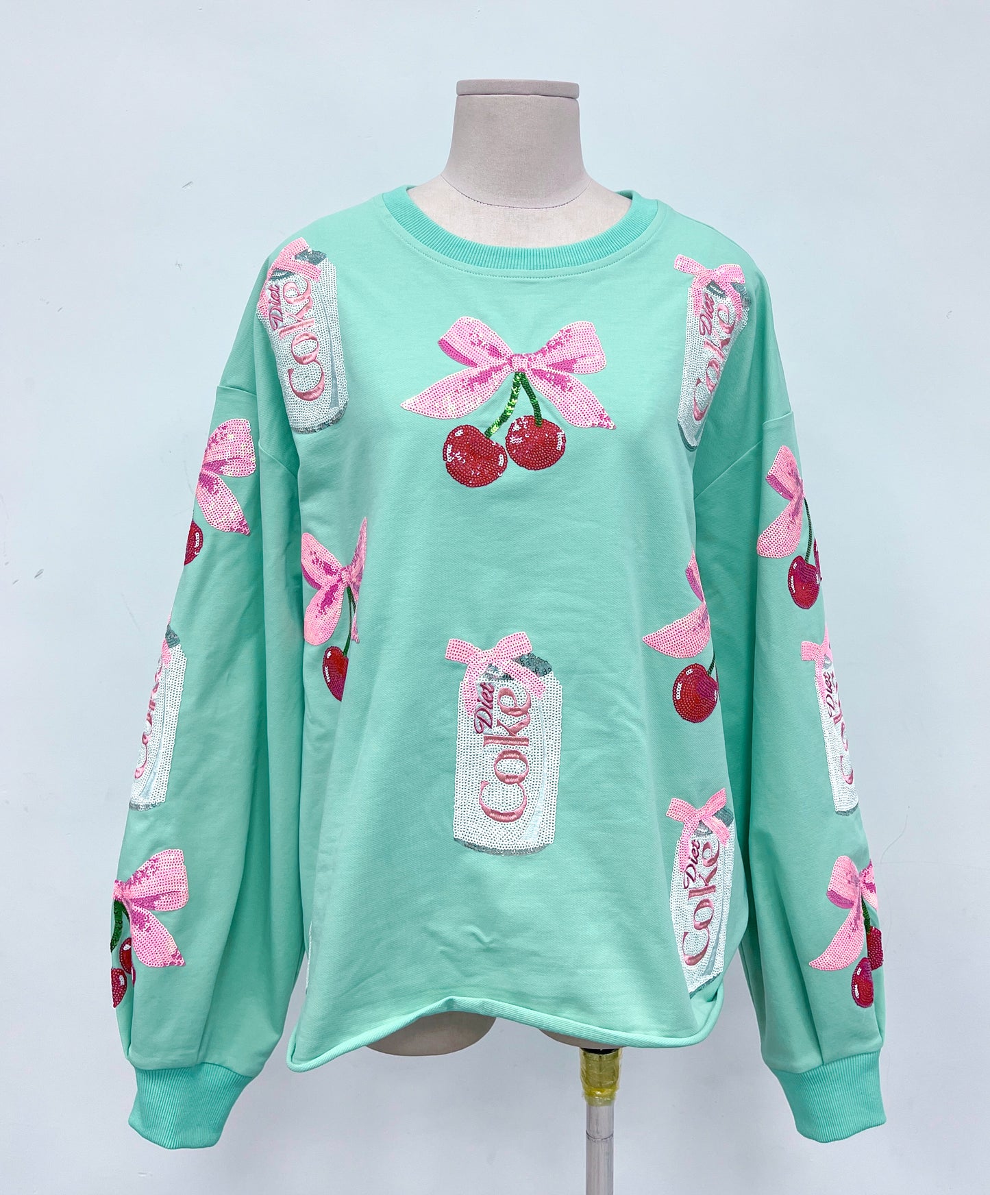 Sparkles Sequins Diet Coke Cherries Pink Bow Mint Sweatshirt