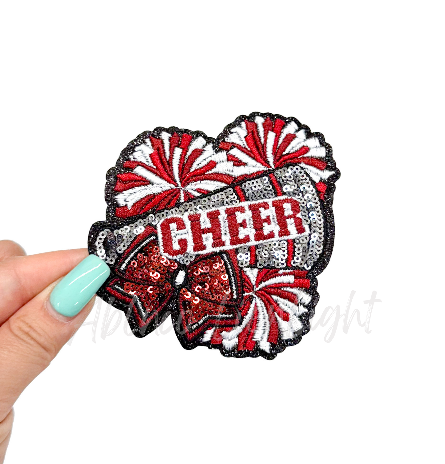 Maroon Cheer Bow Megaphone Poms Sequin Patch - Small