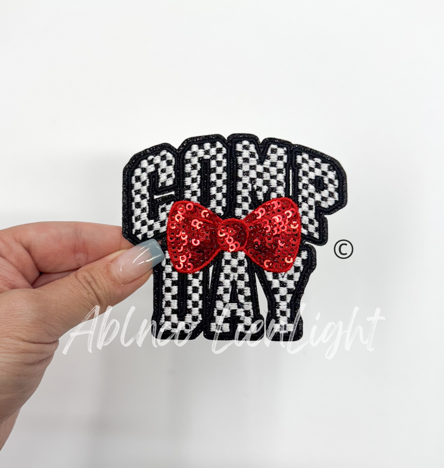 Checkered Comp Day Sequins Red Bow Embroidery Patch ©️