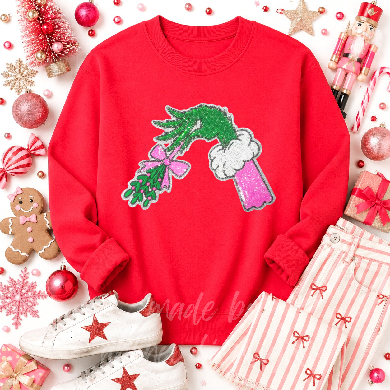 Grinch Hand Mistletoe Christmas Sequin Patch Sweatshirt