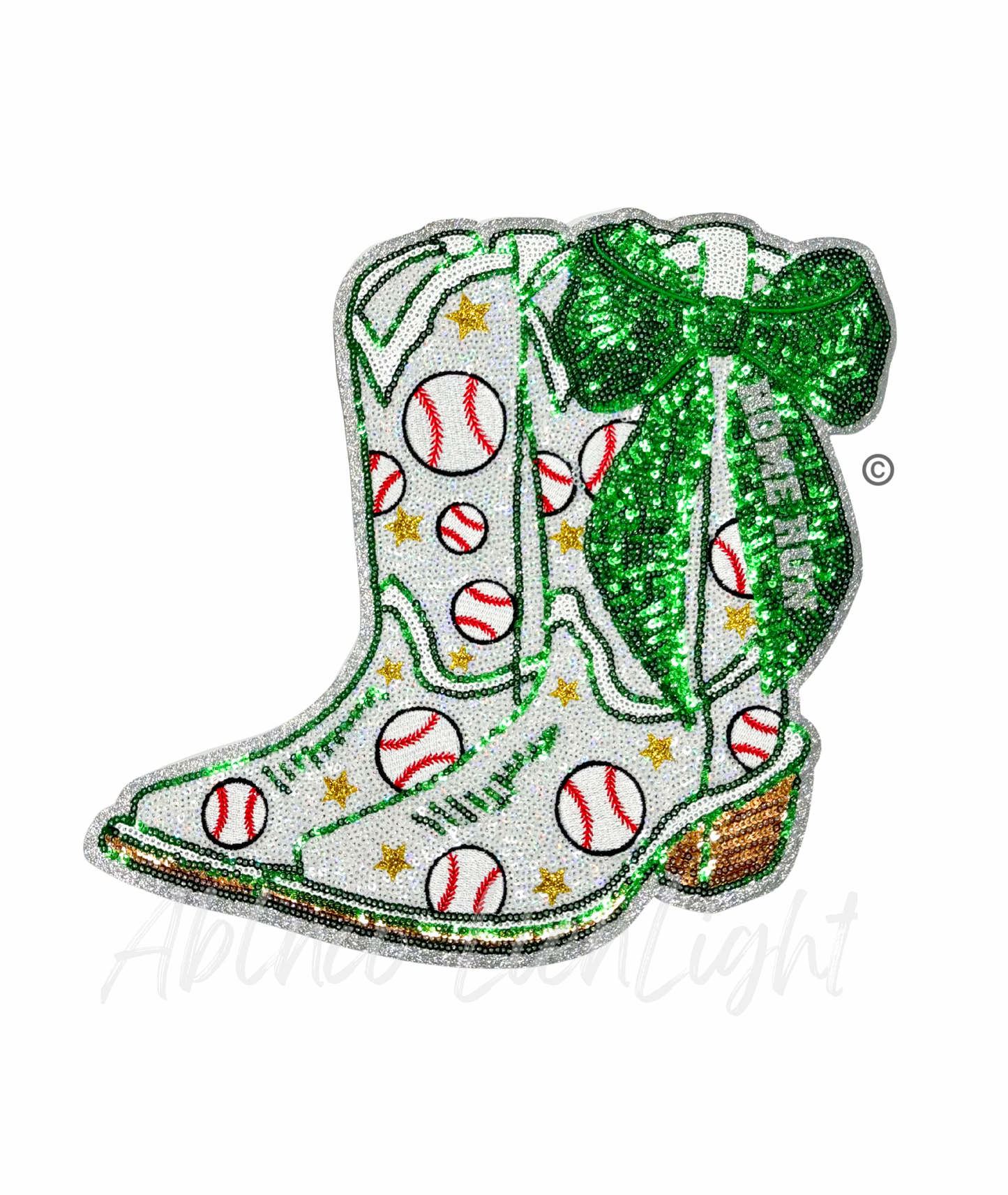 Baseball Homerun Star Green Bow Boots Sequin Patch - Large