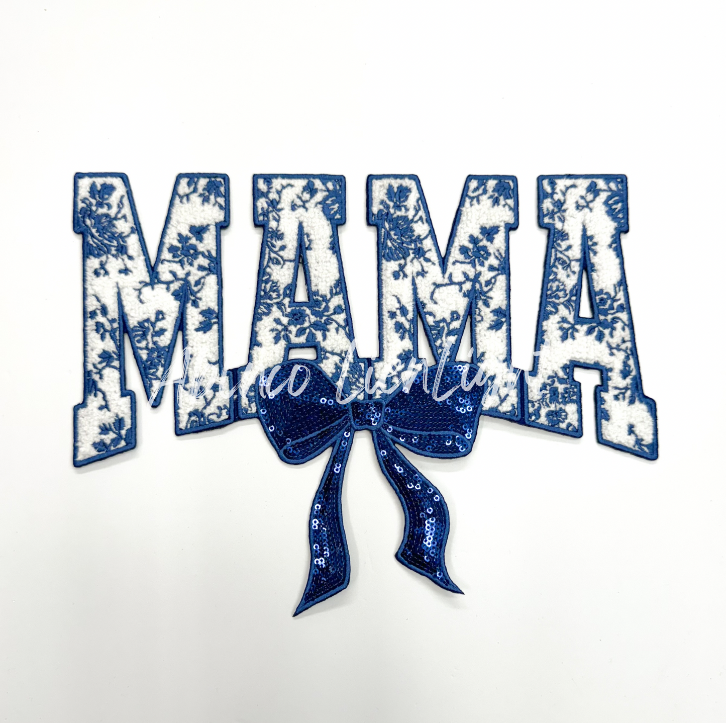 Blue Floral Grand Millennial Mama Bow Sequins Chenille Patch