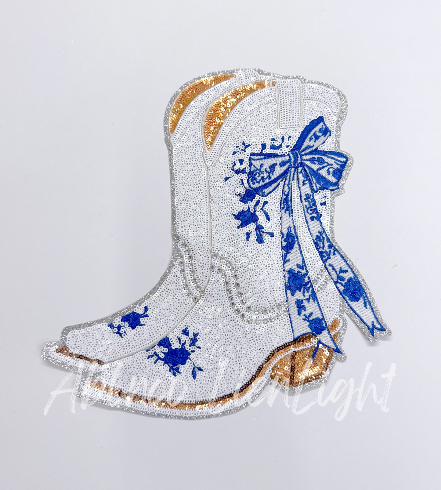 Blue Floral Bow White Boots Sequin Rhinestone Patch