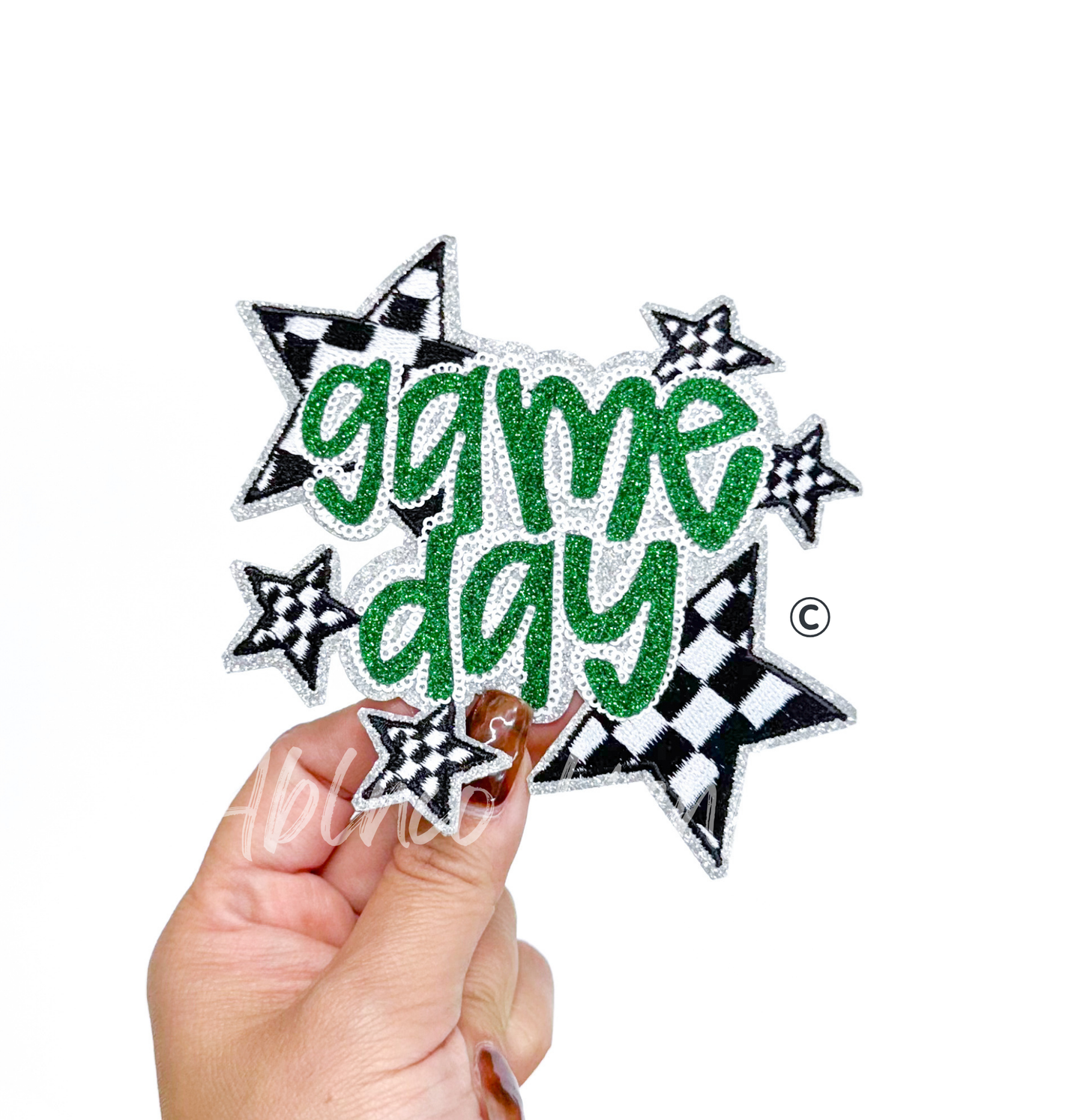 Green Game Day Checkered Star Sequin Glitter Patch