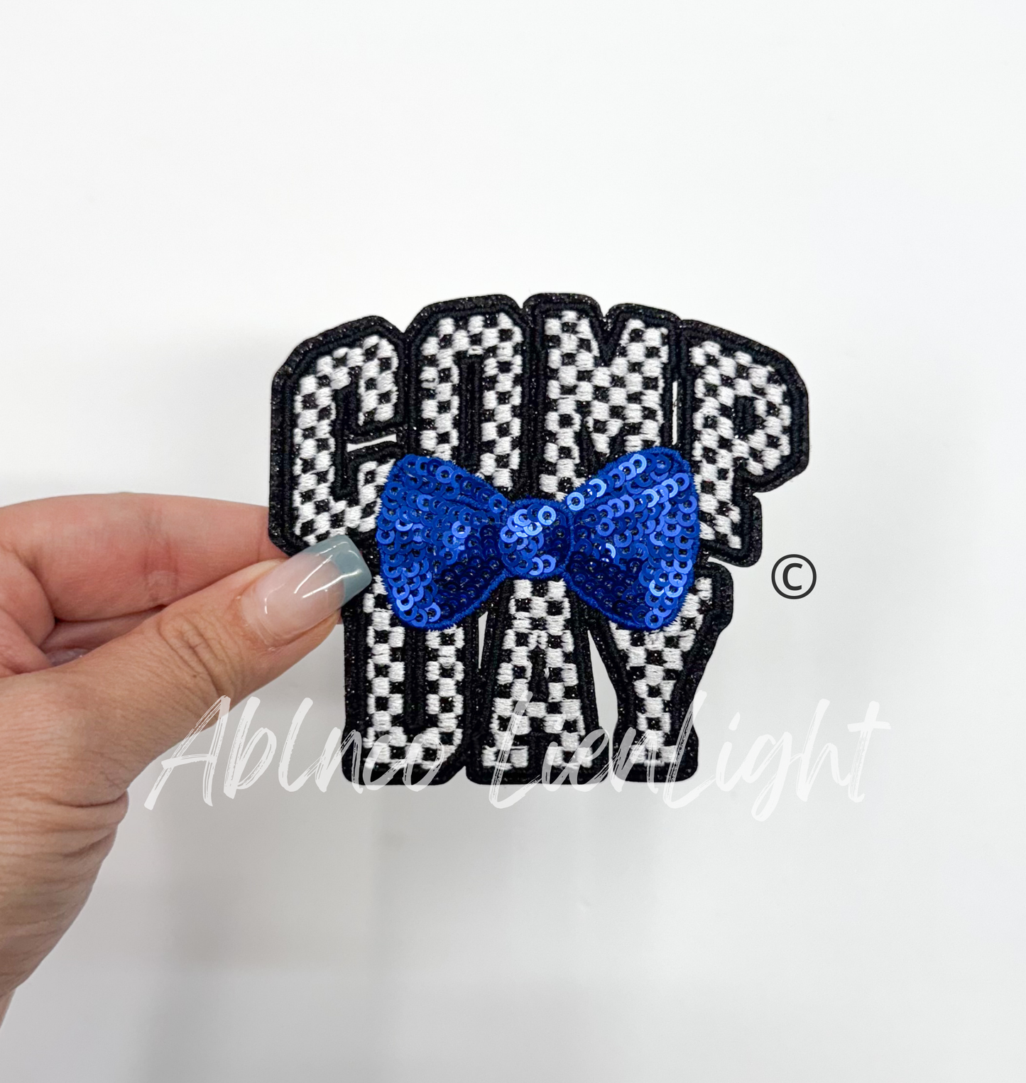 Checkered Comp Day Sequins Royal Blue Bow Embroidery Patch ©️