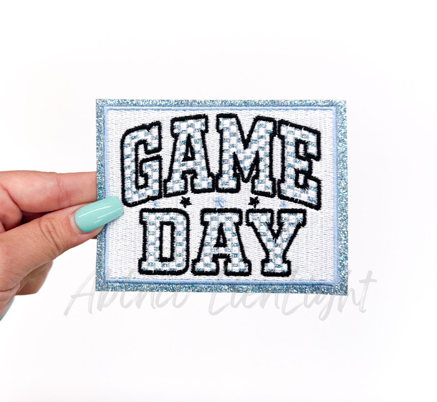 Light Blue Checkered Game Day Glitter Embroidery Patch
