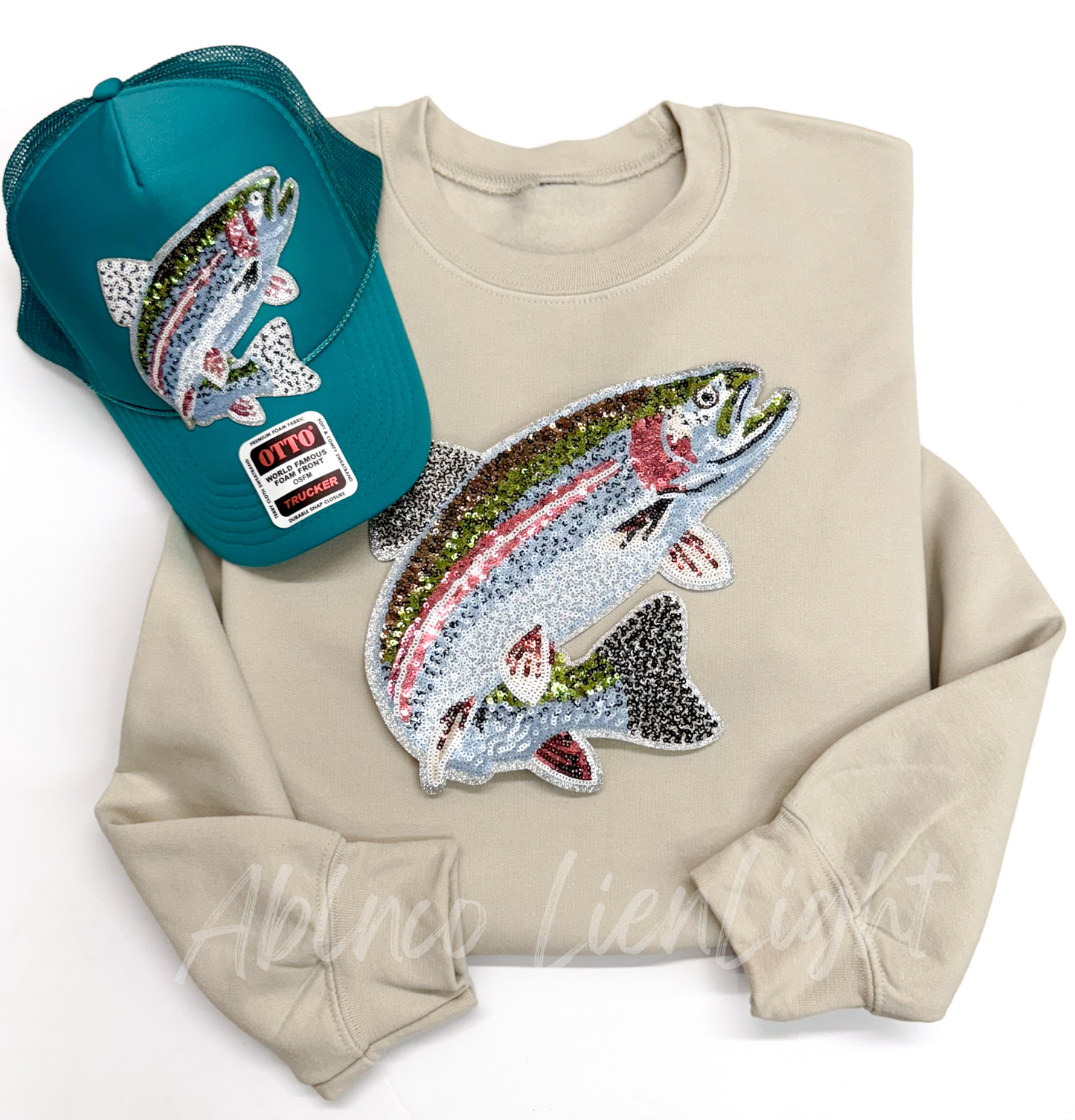 Rainbow Trout Fish Fishing Sequin Patch Sweatshirt