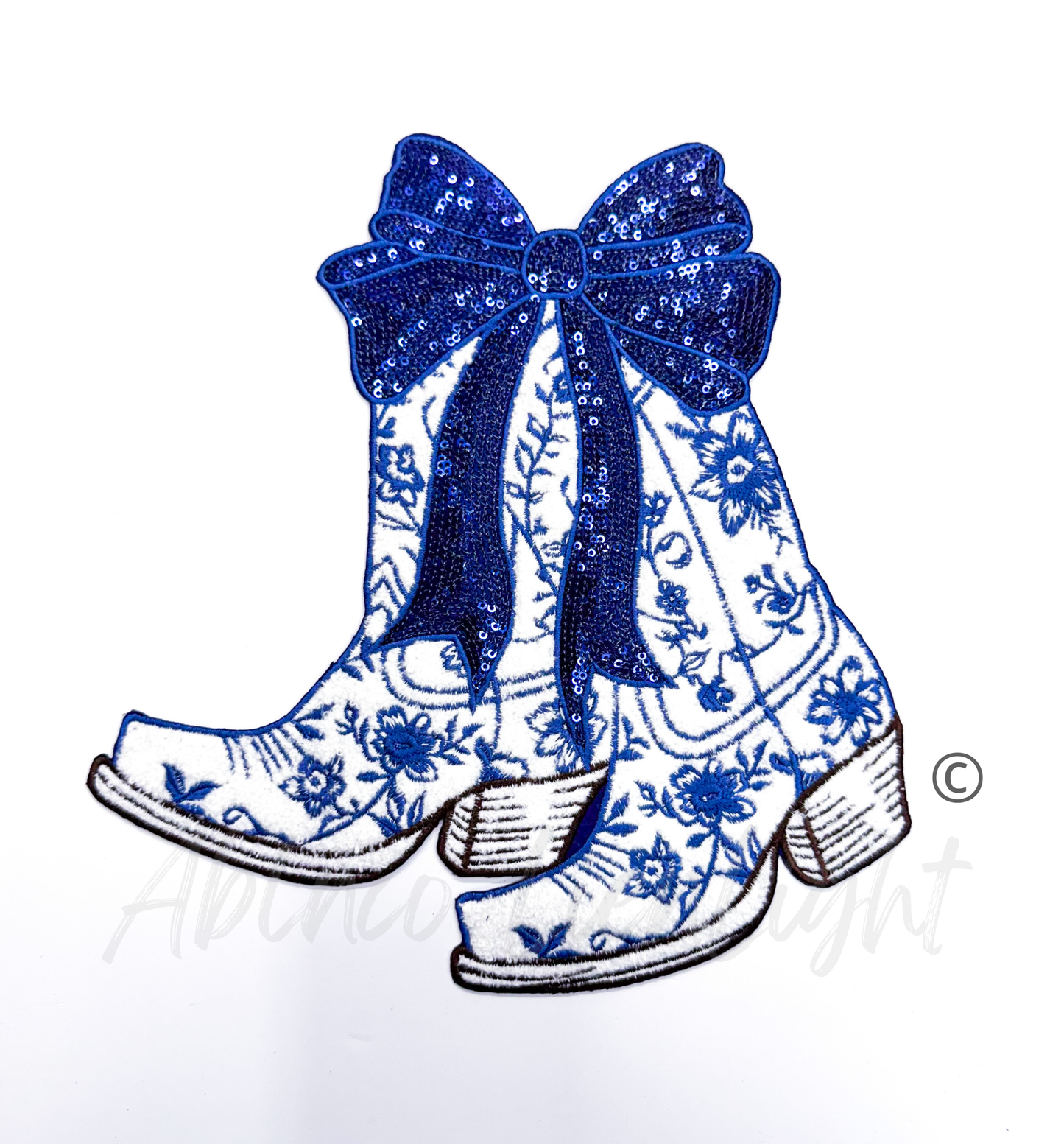 Blue Floral Grand Millennial Bow Boot Sequins Chenille Patch
