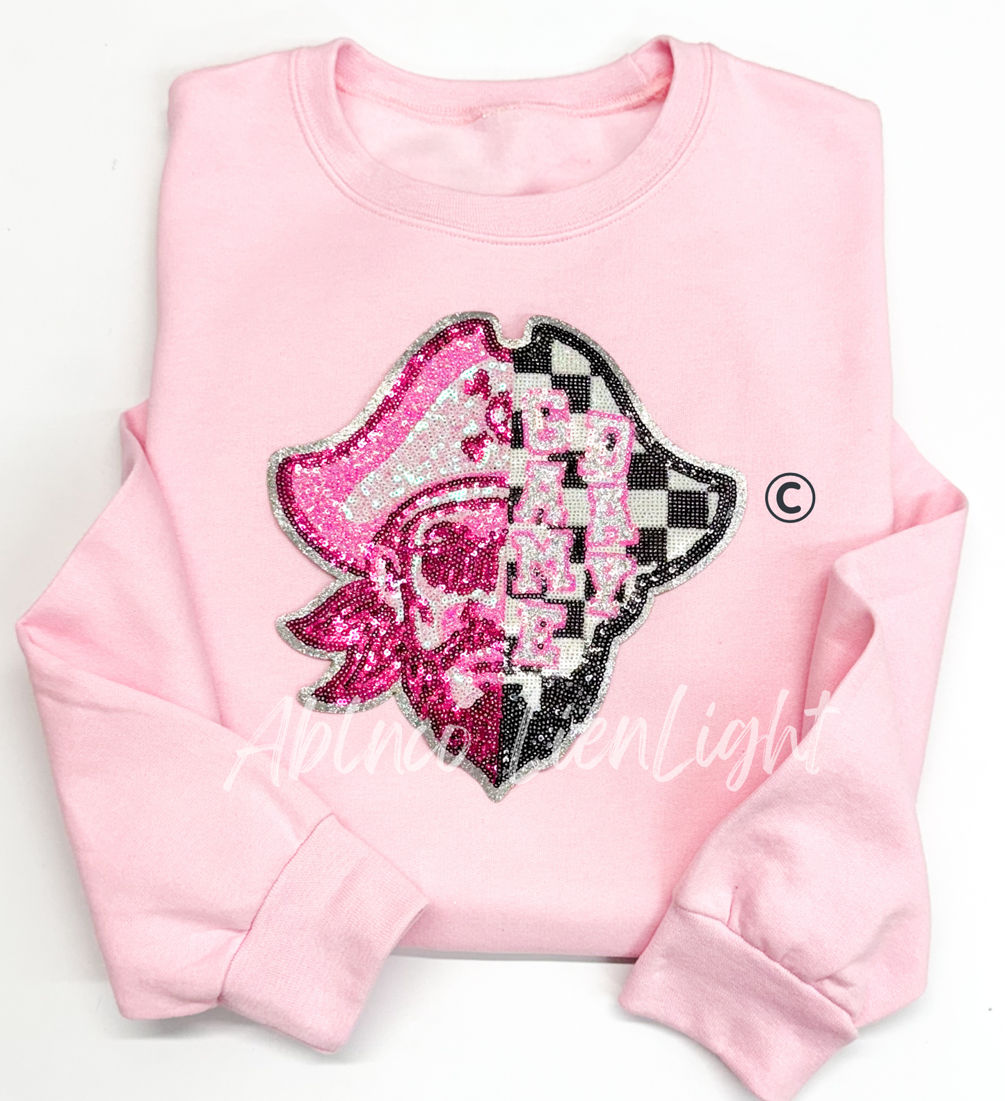 Preppy Pink Checkered Pirate Mascot Game Day Sequin Patch