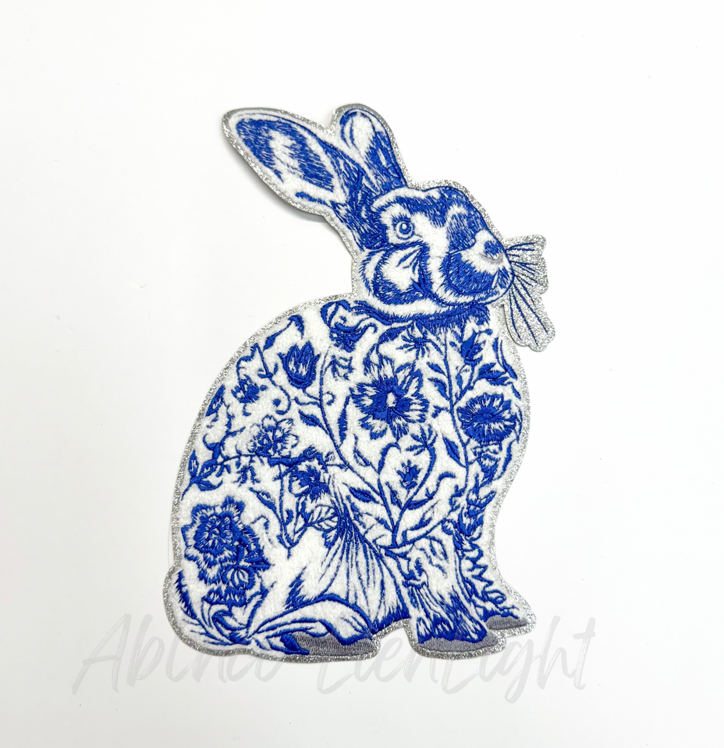 Blue Floral Grand Millennial Bunny Sequins Chenille Patch