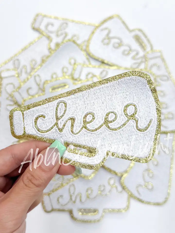White Cheer Megaphone Gold Embroidery Patch