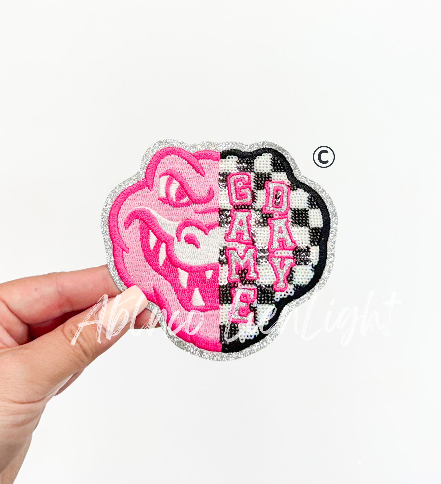 Preppy Pink Checkered Gator Mascot Game Day Sequin Patch - Small