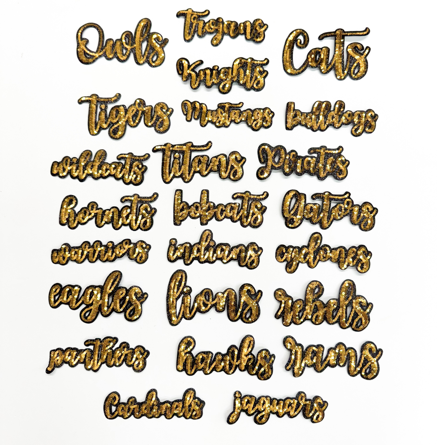 Gold Trojans Mascot Script Letter Sequin Patch - Small