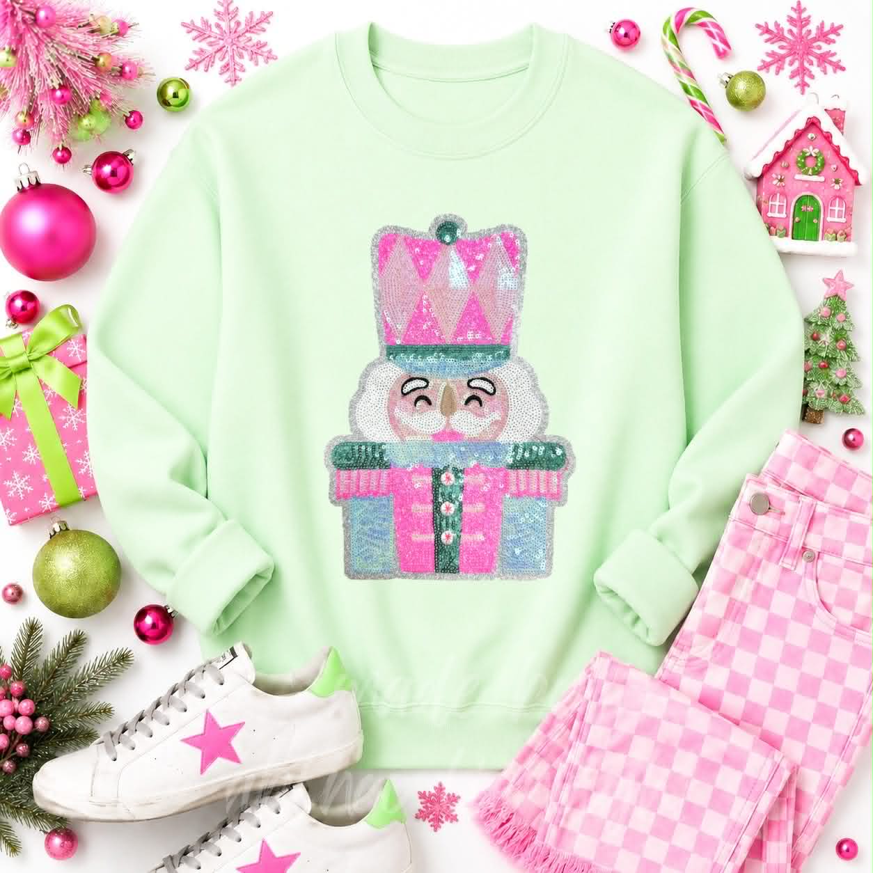 Pink & Mint Nutcracker Christmas Sequin Patch Sweatshirt