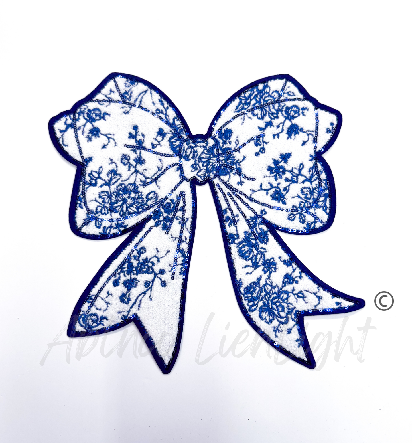 Blue Floral Grand Millennial Bow Sequins Chenille Patch