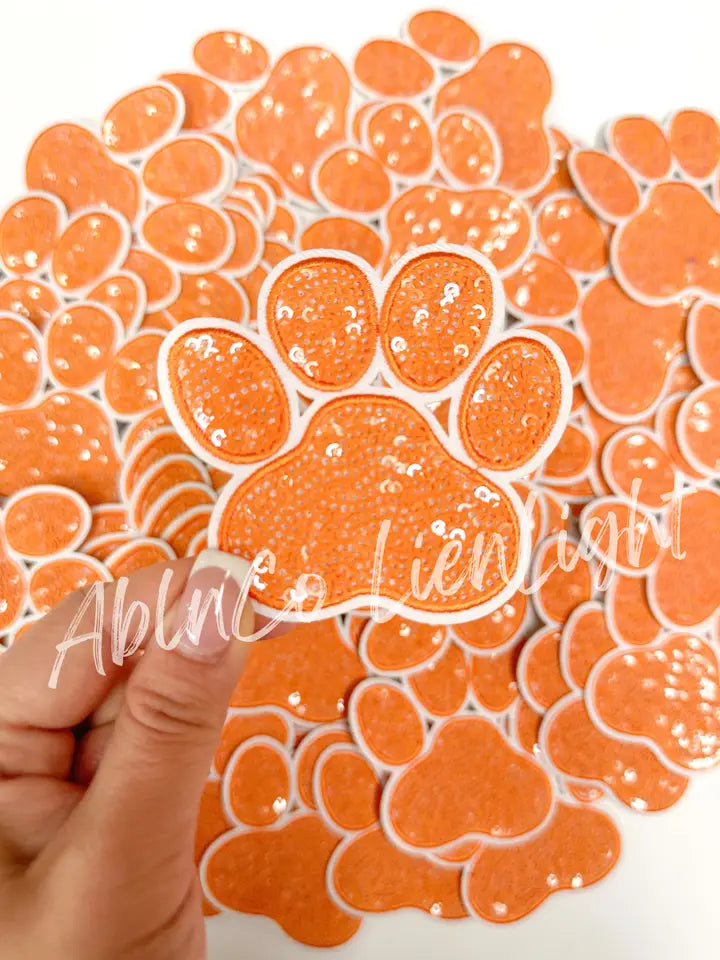 Orange Sequins Paw Print Embroidery Patch