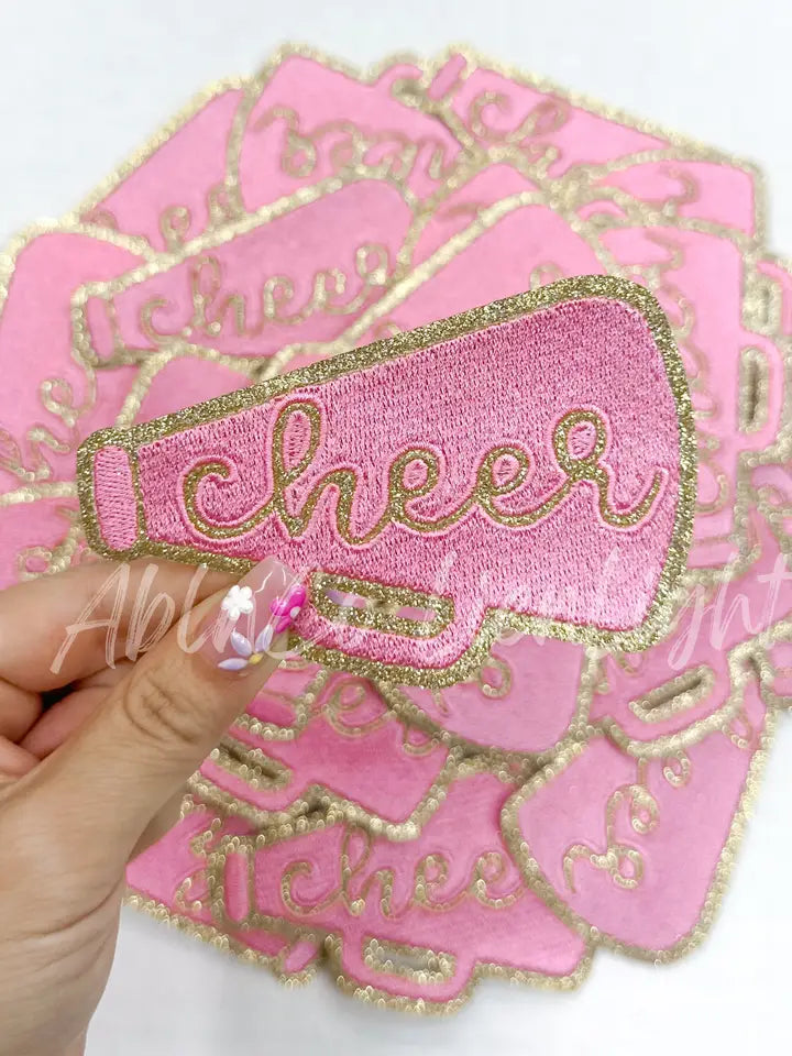 Pink Cheer Megaphone Gold Embroidery Patch