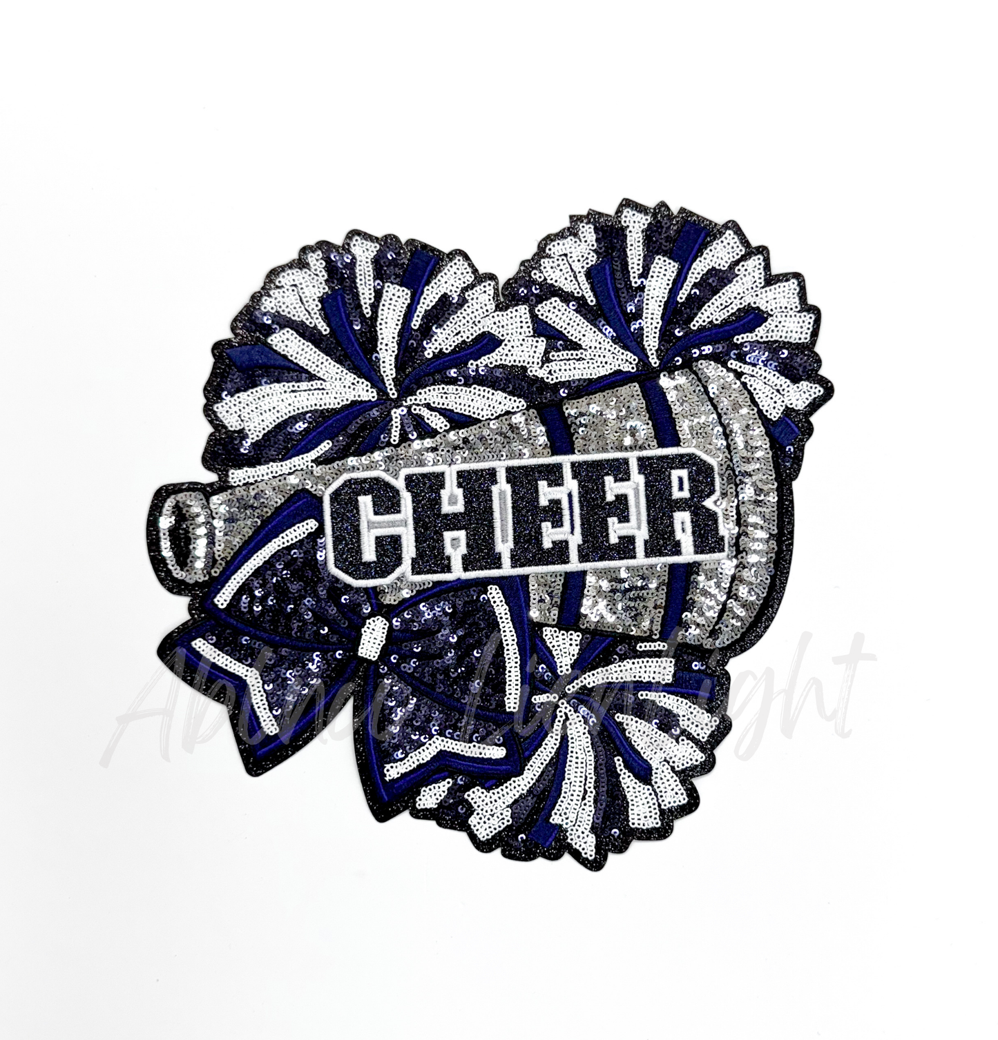 Navy Cheer Bow Megaphone Poms Sequin Patch - Large