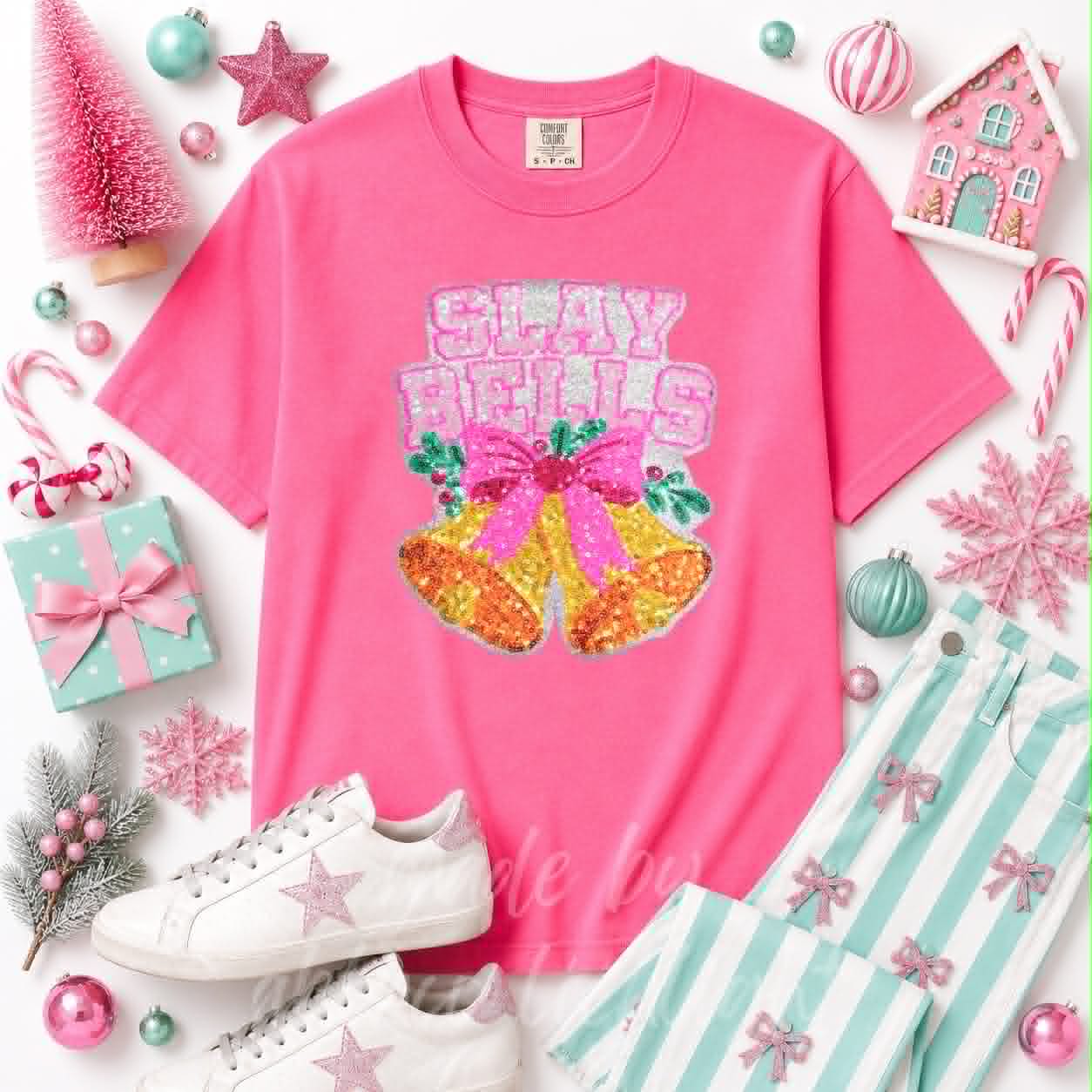 Slay Bells Christmas Sequin Patch Tshirt