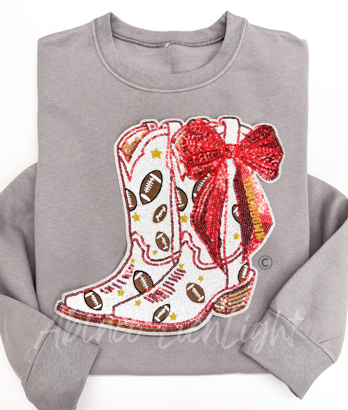 Football Touchdown Star Red Bow Boots Sequin Patch - Large