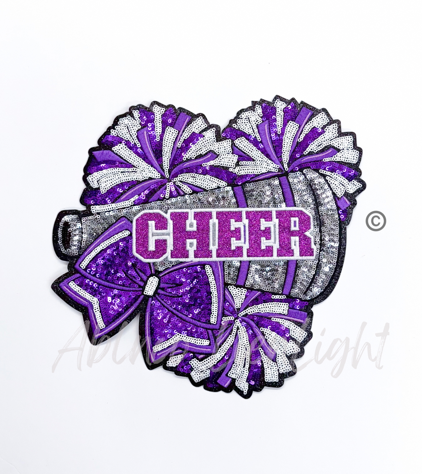 Purple Cheer Bow Megaphone Poms Sequin Patch - Large
