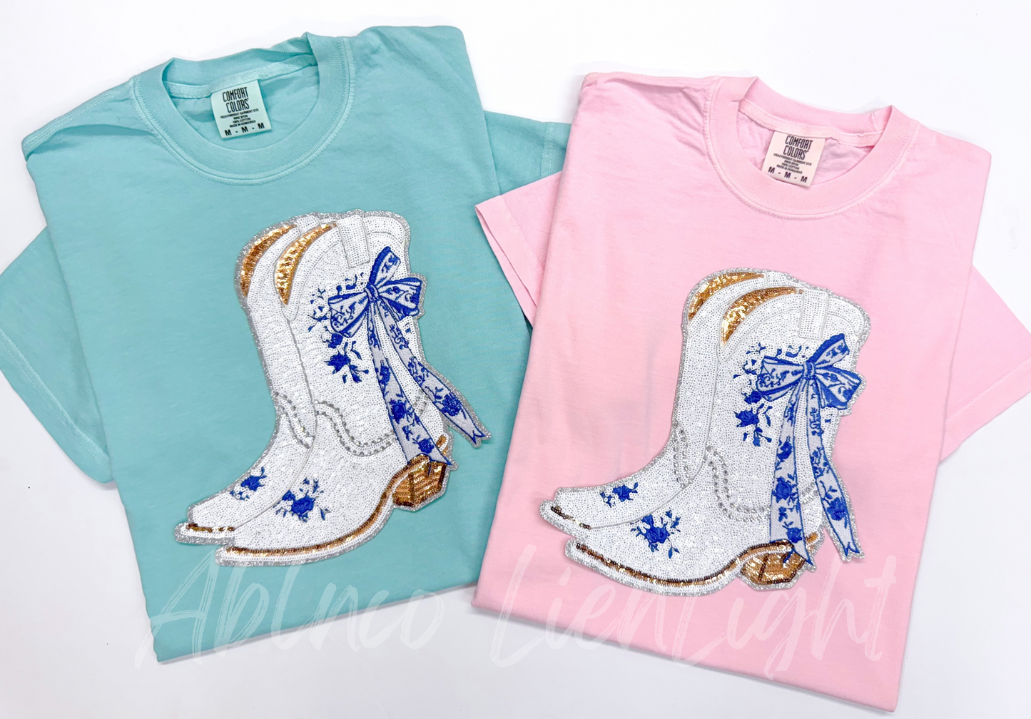Blue Floral Bow White Boots Sequin Rhinestone Patch