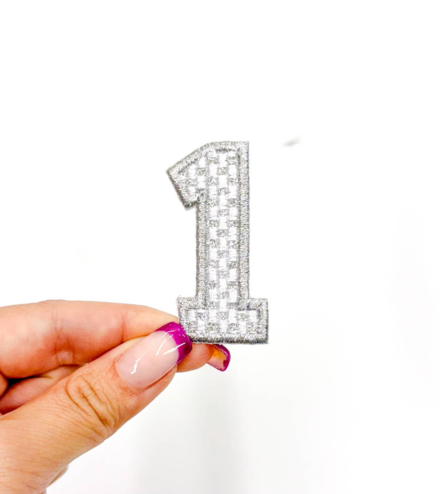 2” Silver Checkered Numbers Glitter Embroidery Patch