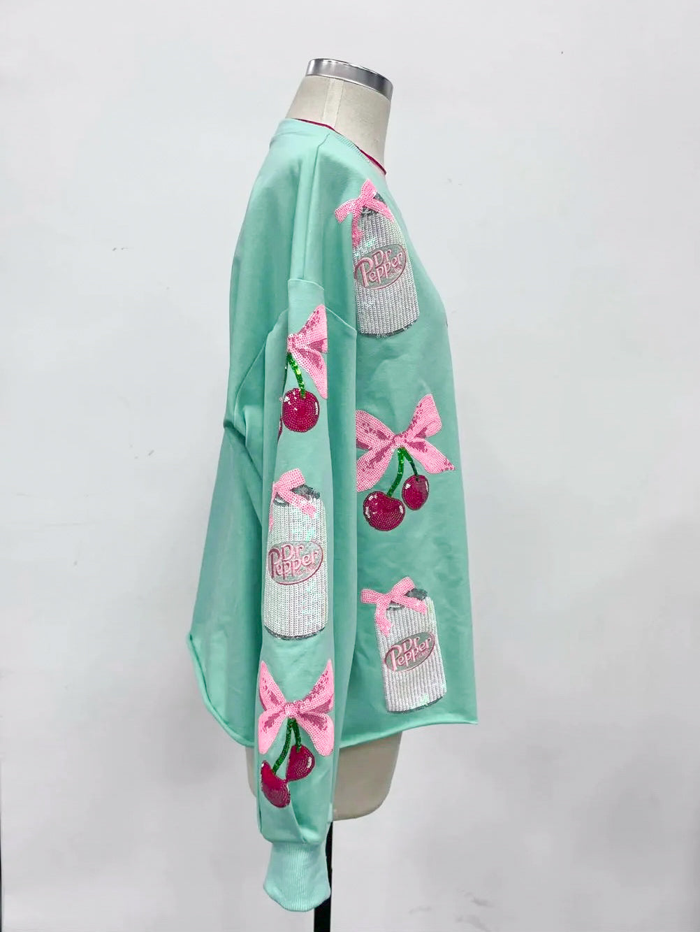 Sparkles Sequins Dr. Pepper Cherries Pink Bow Mint Sweatshirt