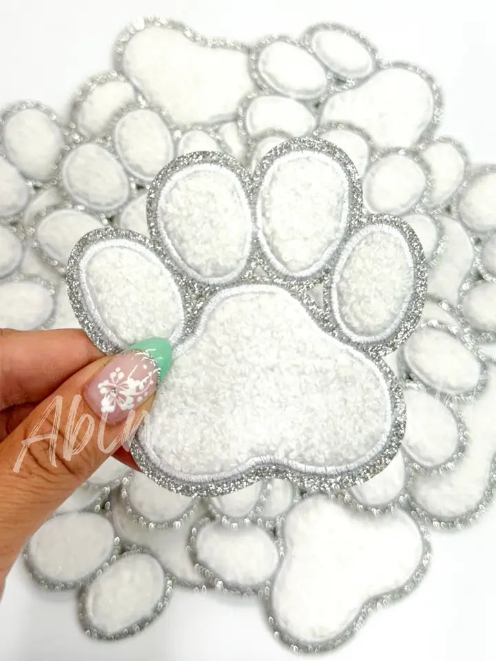 White Chenille Paw Embroidery Patch