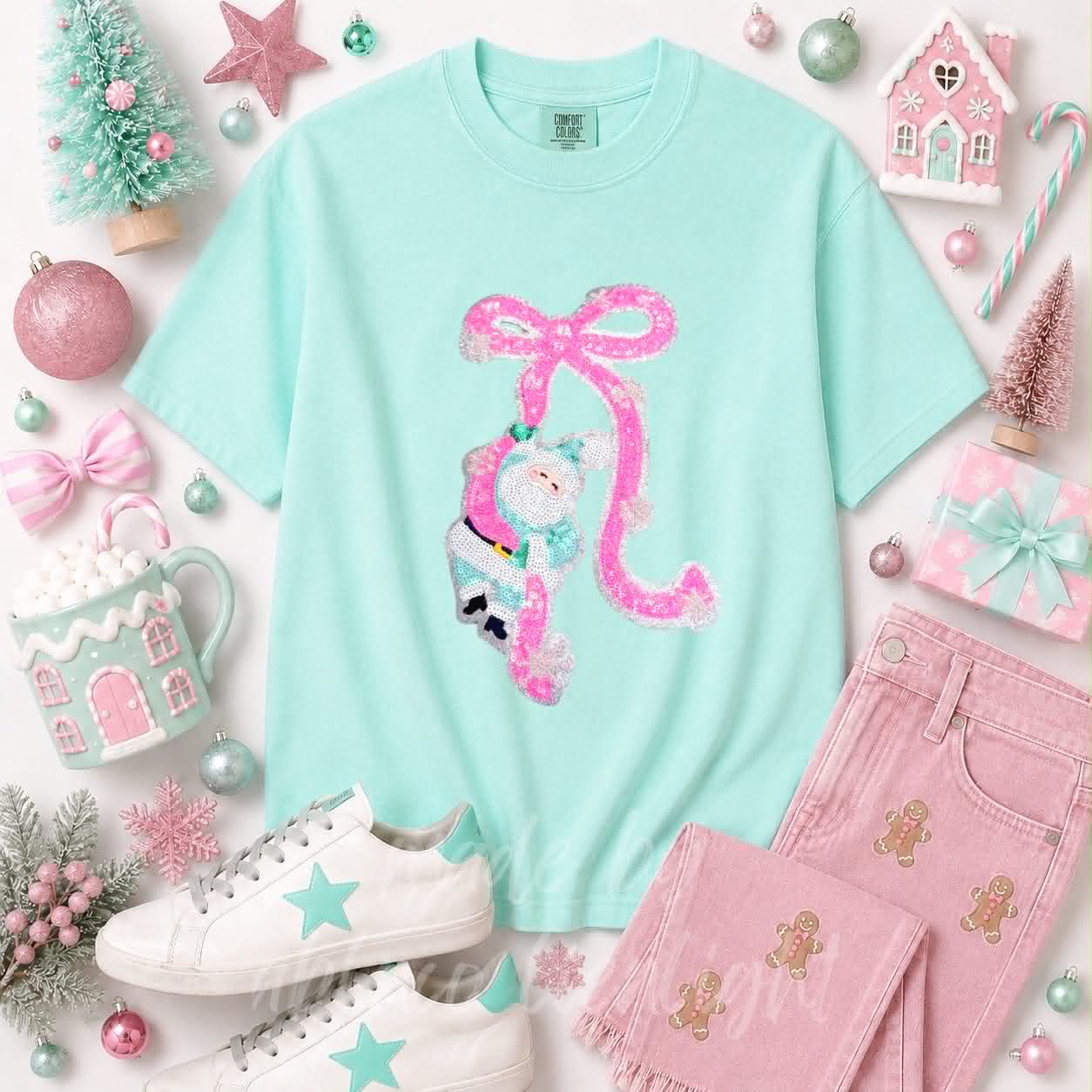 Pink Bow Hanging Santa Christmas Sequin Patch Tshirt