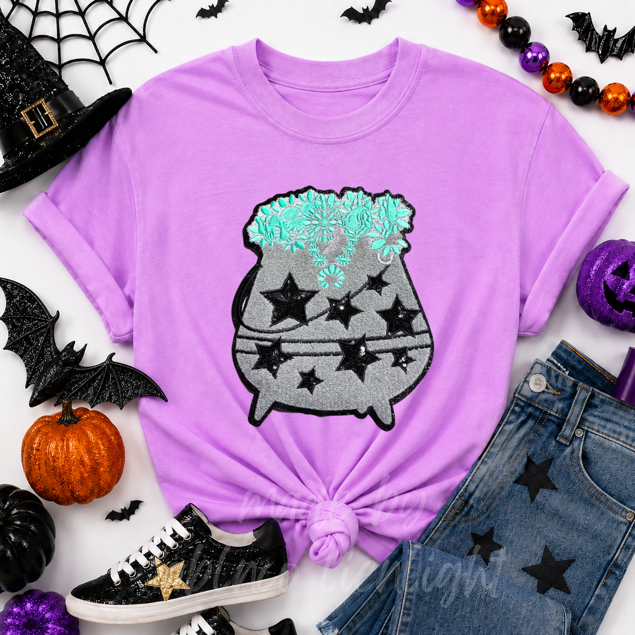 Turquoise Cauldron Halloween Sequin Patch Tshirt