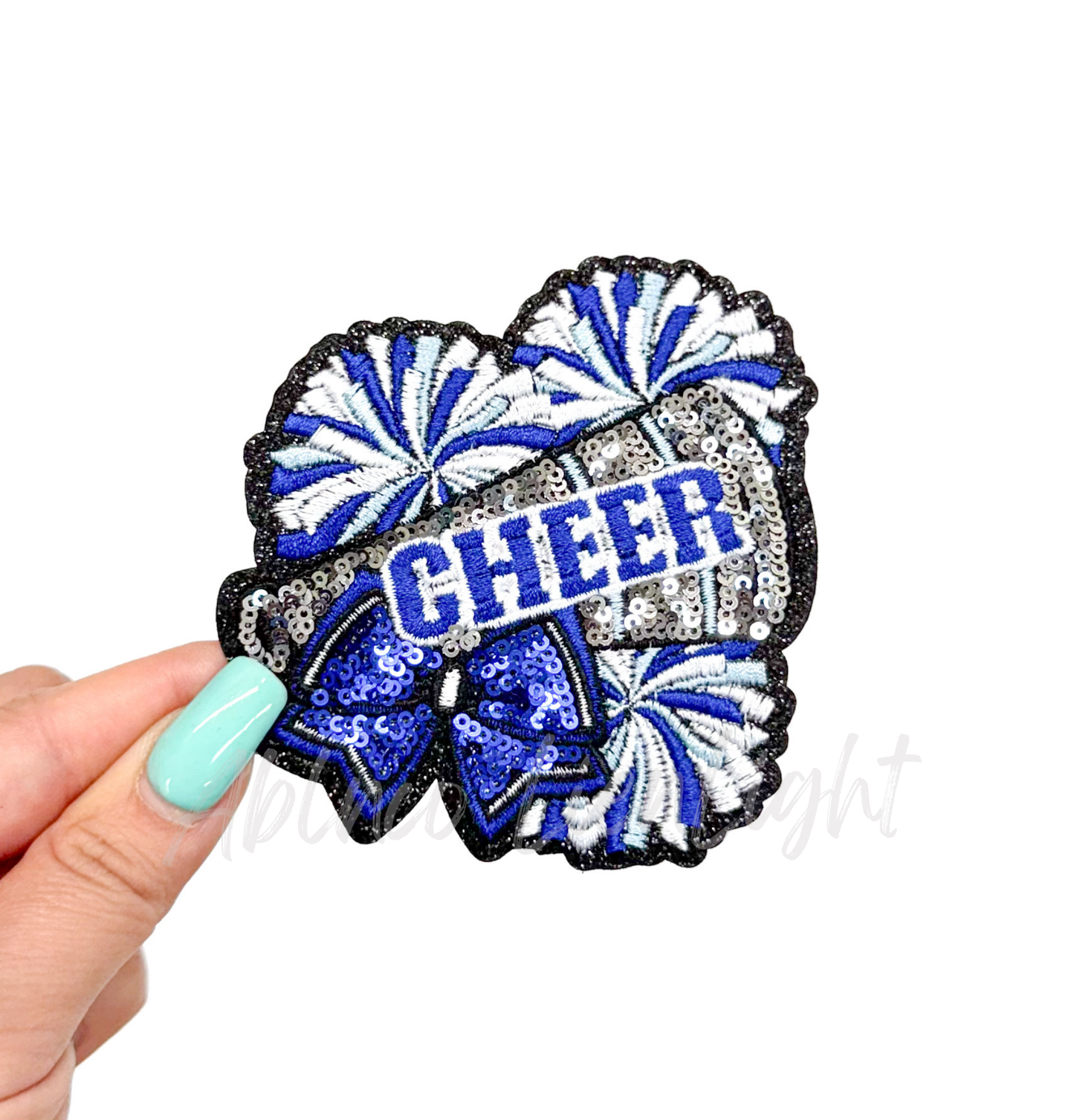 Royal Blue Cheer Bow Megaphone Poms Sequin Patch - Small