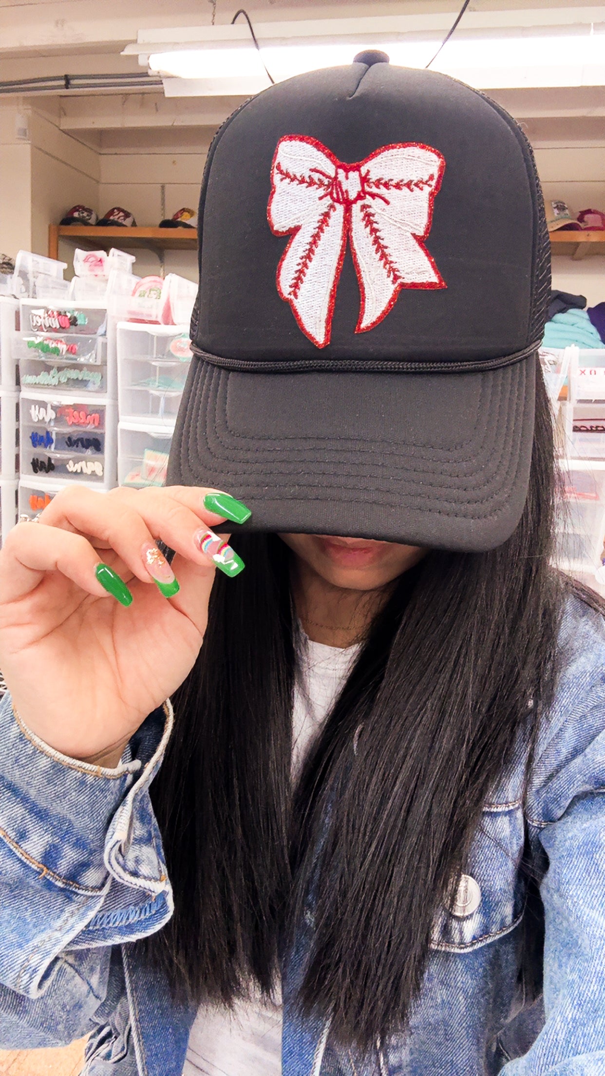 Baseball Bow Patch Black Trucker Hat