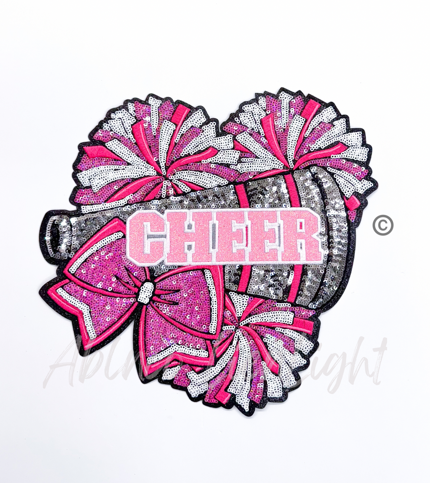 Pink Cheer Bow Megaphone Poms Sequin Patch - Large