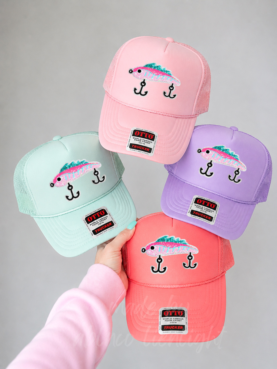 baseball cap fishing hats lures Pink Fishing Lure Summer Sequin Patch Otto Trucker Hat Coral