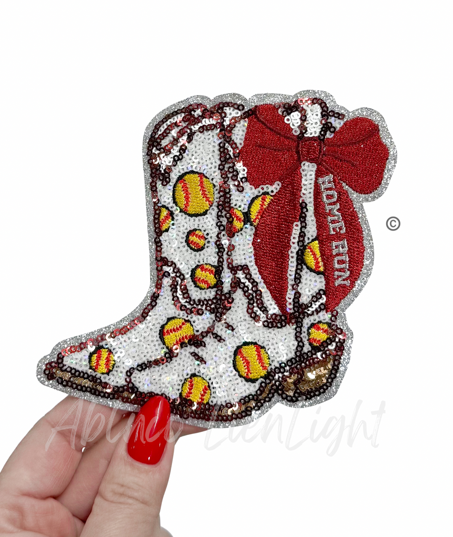 Softball Homerun Star Maroon Bow Boots Sequin Patch - Small