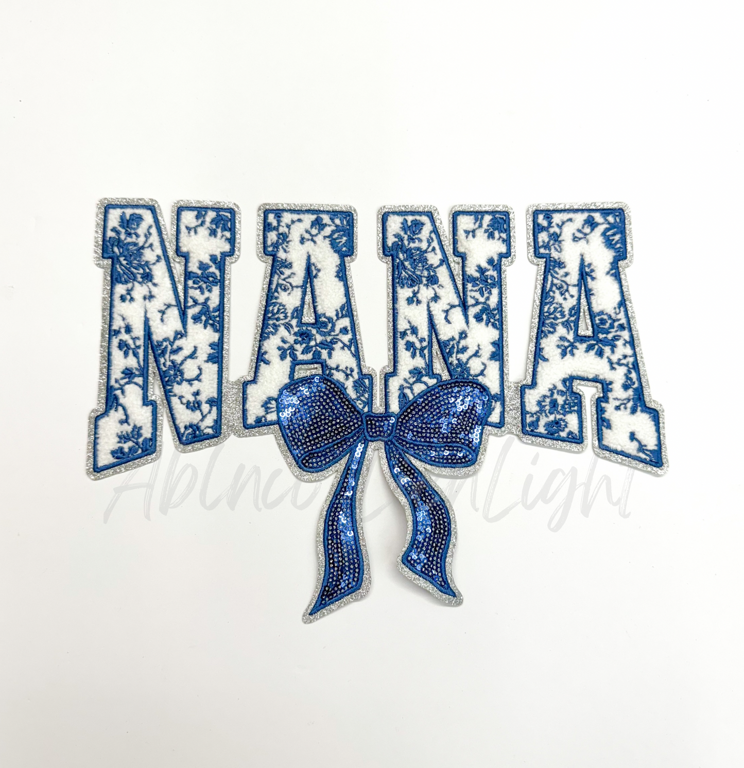 Blue Floral Grand Millennial Nana Bow Sequins Chenille Patch
