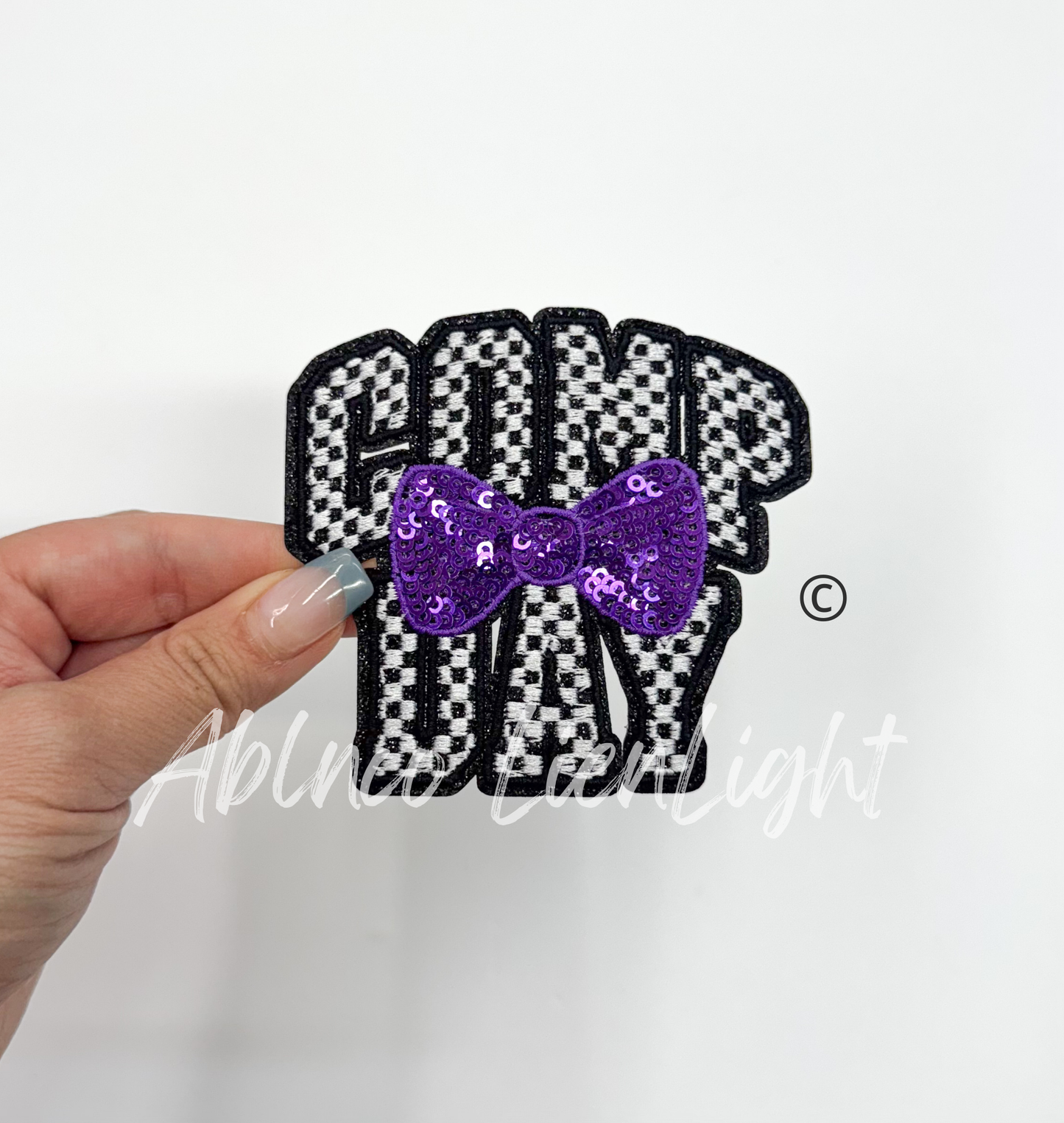 Checkered Comp Day Sequins Purple Bow Embroidery Patch ©️