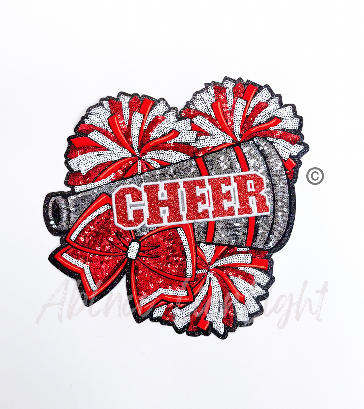 Red Cheer Bow Megaphone Poms Sequin Patch - Large