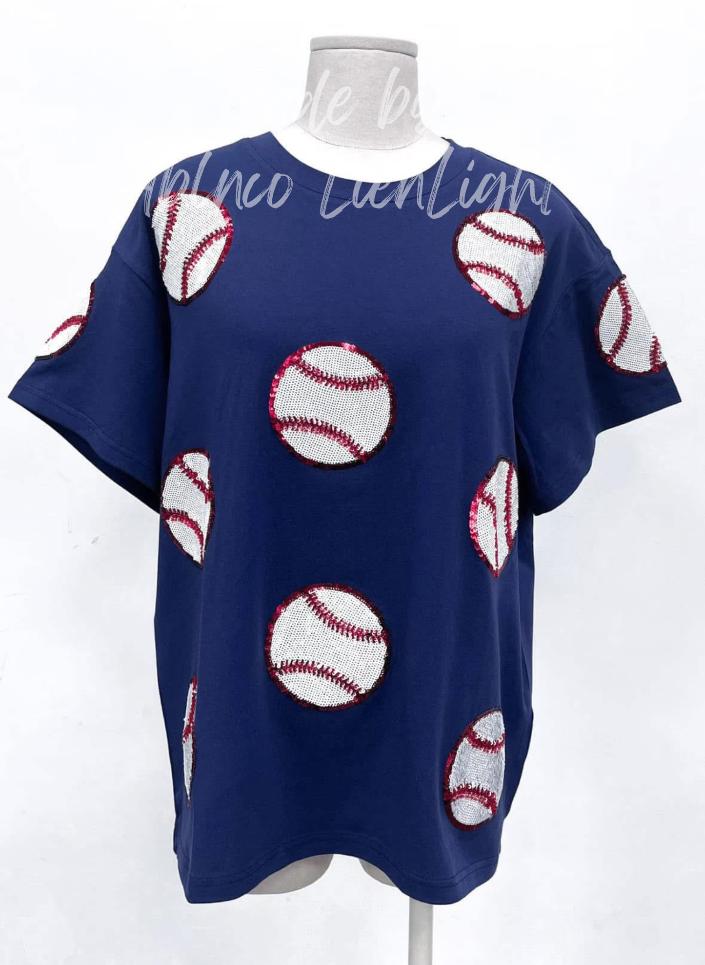 Baseball Beading Sparkles Sequins Navy Tshirt