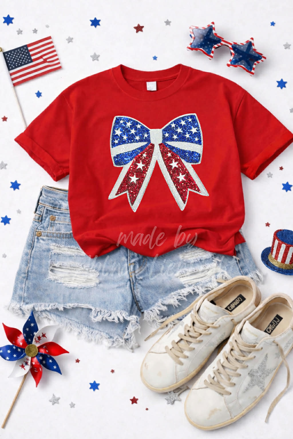 Red White and Blue 4th of July Bow Sequin Patch Tshirt