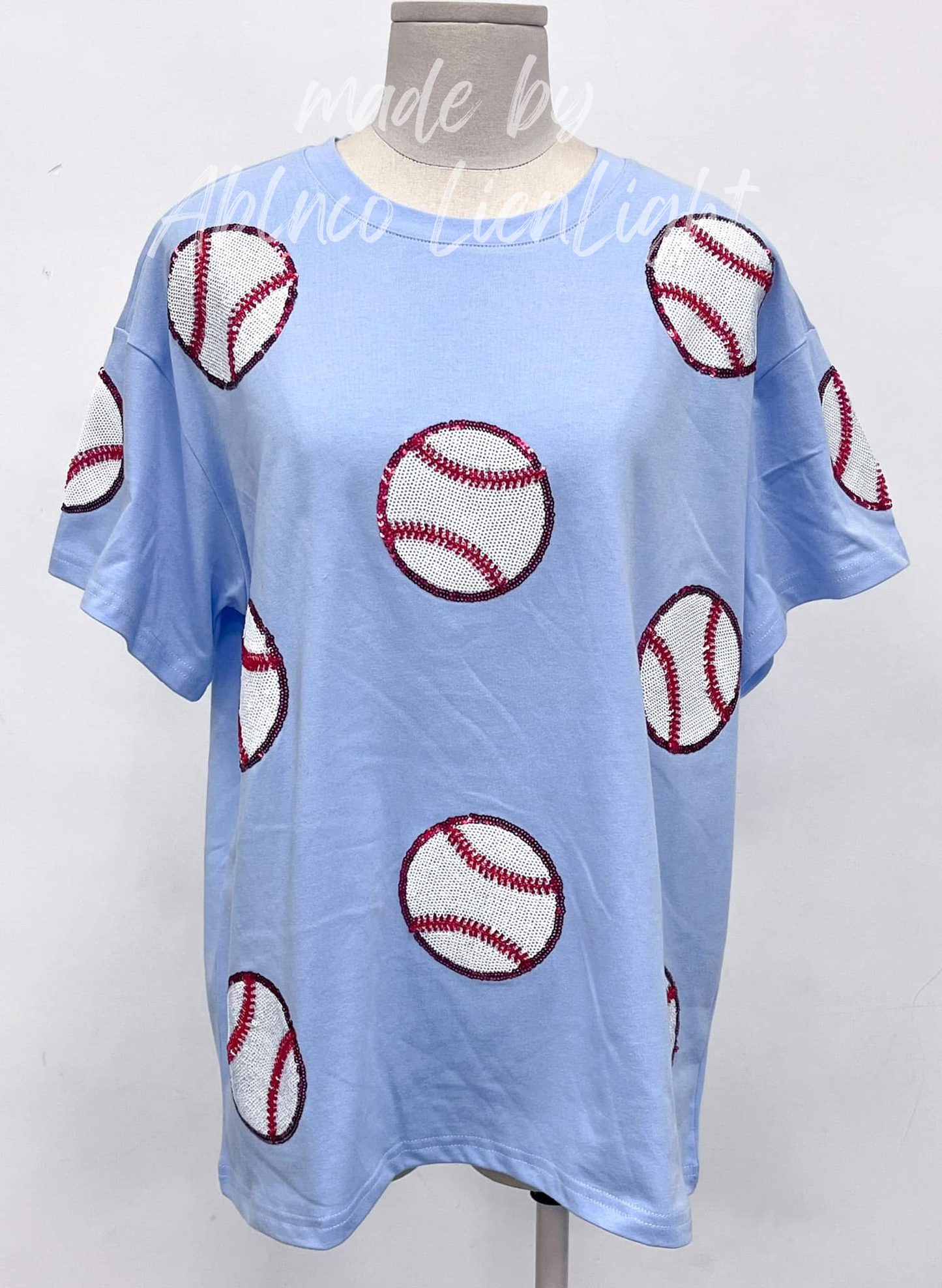 Baseball Beading Sparkles Sequins Light Blue Tshirt
