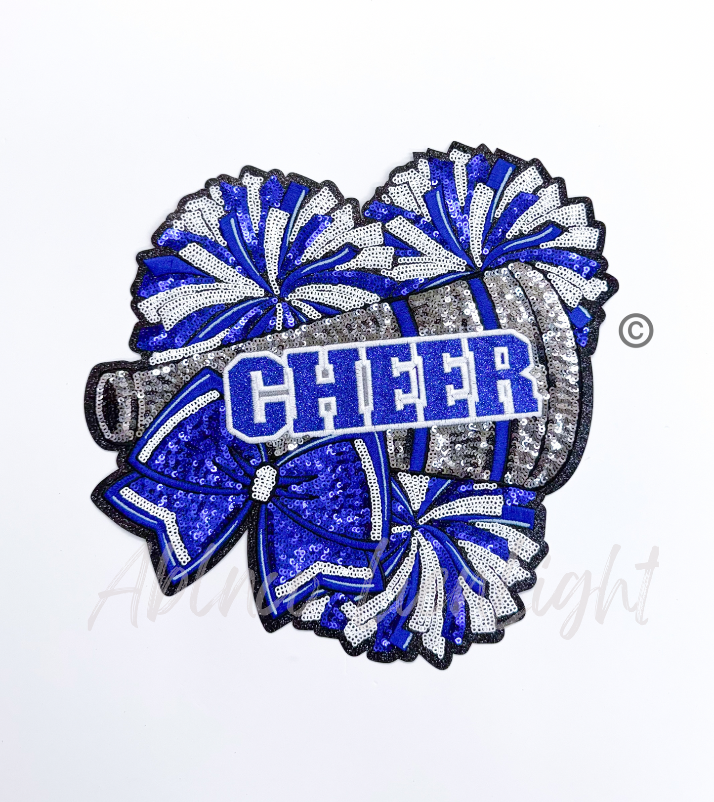 Royal Blue Cheer Bow Megaphone Poms Sequin Patch - Large