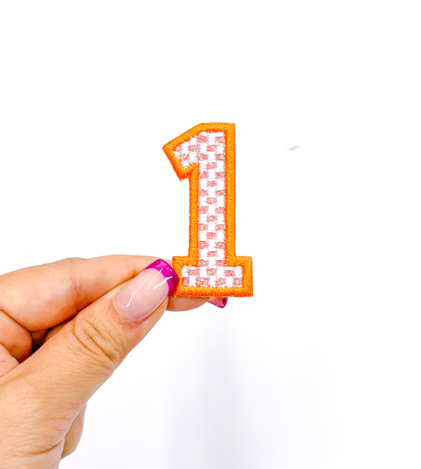 2” Orange Checkered Numbers Glitter Embroidery Patch