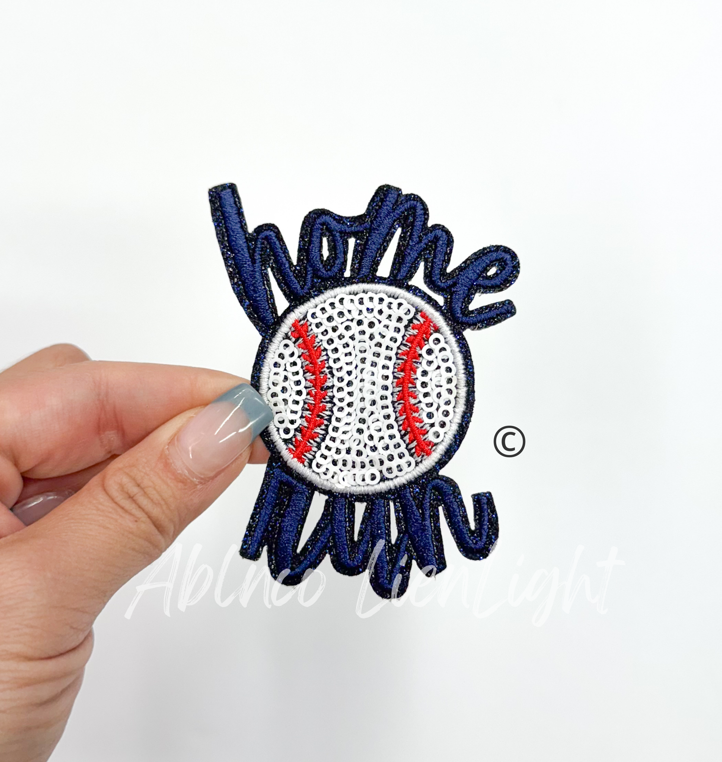 Navy Blue Home Run Baseball Sequins Embroidery Patch ©️