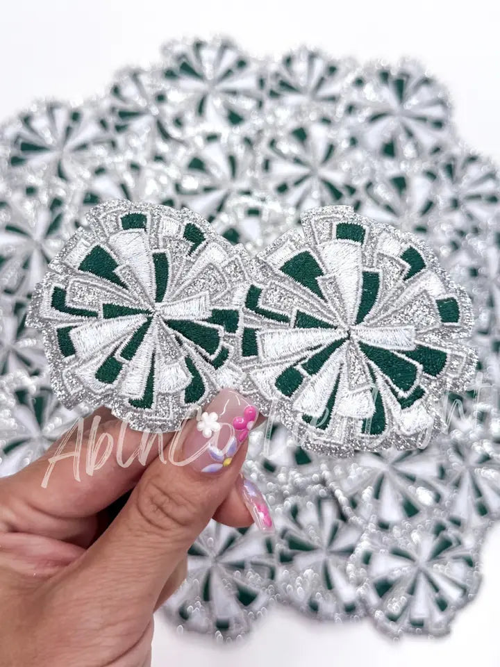 Green Silver Cheer Pom Pom Embroidery Patch ©️