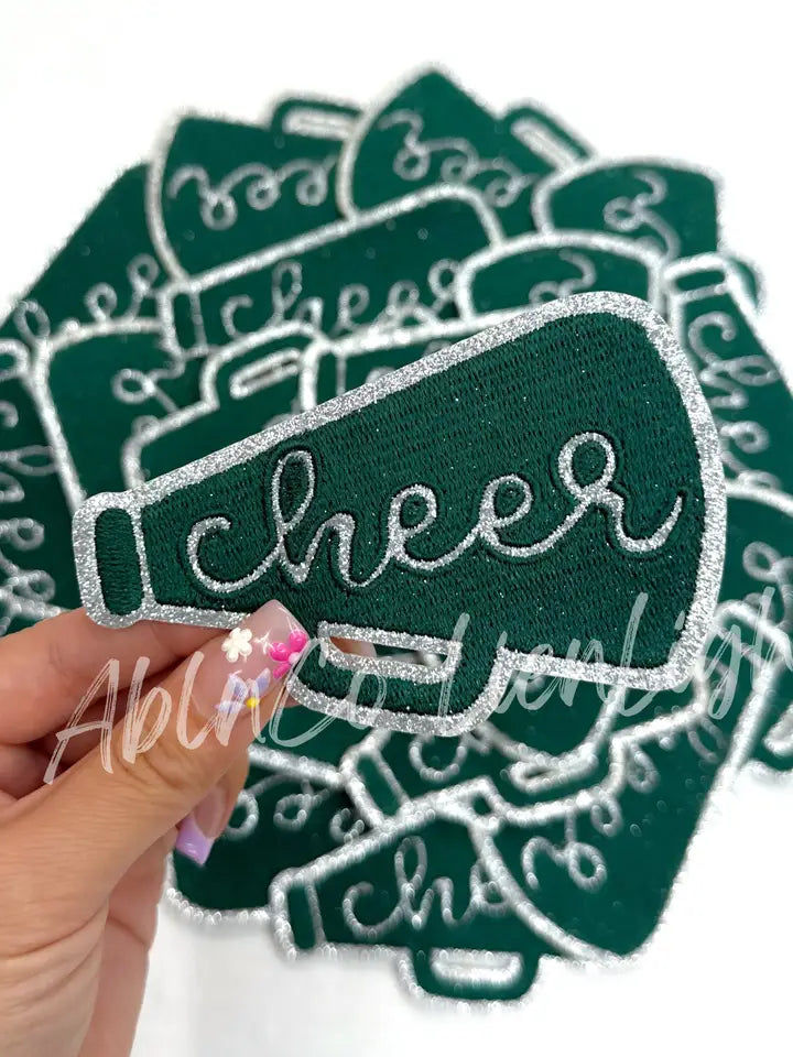 Green Cheer Megaphone Silver Embroidery Patch